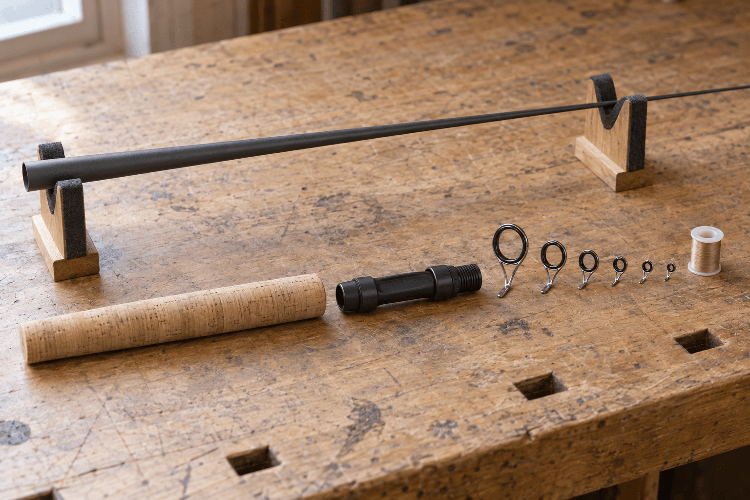 A bare graphite rod blank on padded rod supports beside a cork grip, a reel seat, graduated guides and a spool of thread.