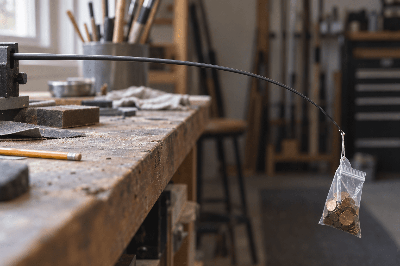 A bare graphite blank tip bending under a small bag of pennies over a wooden rod-building bench.